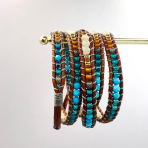 Turquoise & Amber Tone Wrap Beaded Bracelet