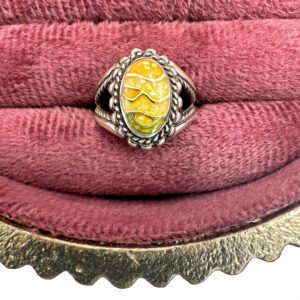 Carved Yellow Glass Ring in Antique Silver Setting