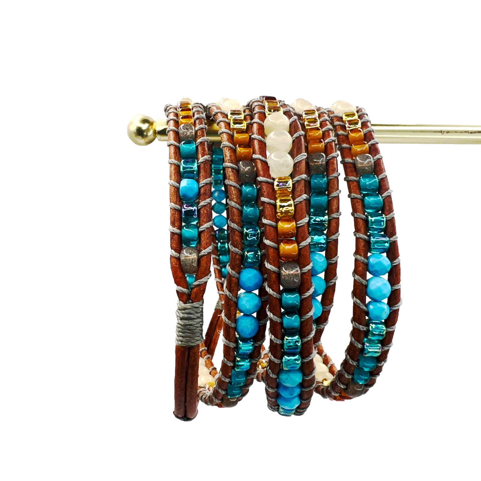turquoise-amber-tone-wrap-beaded-bracelet